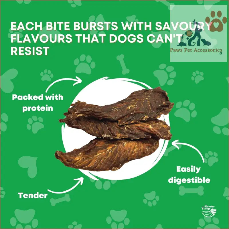 Dark meaty 1Kg Dog Treat Chicken Breast Jerky on a plate, perfect for healthy pups