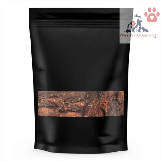 Black resealable pouch with transparent window showcasing 1kg Dog Treat Chicken Breast Jerky