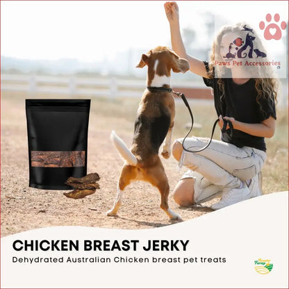 Black pouch of 1Kg Dog Treat Chicken Breast Jerky for dehydrated Australian healthy pups