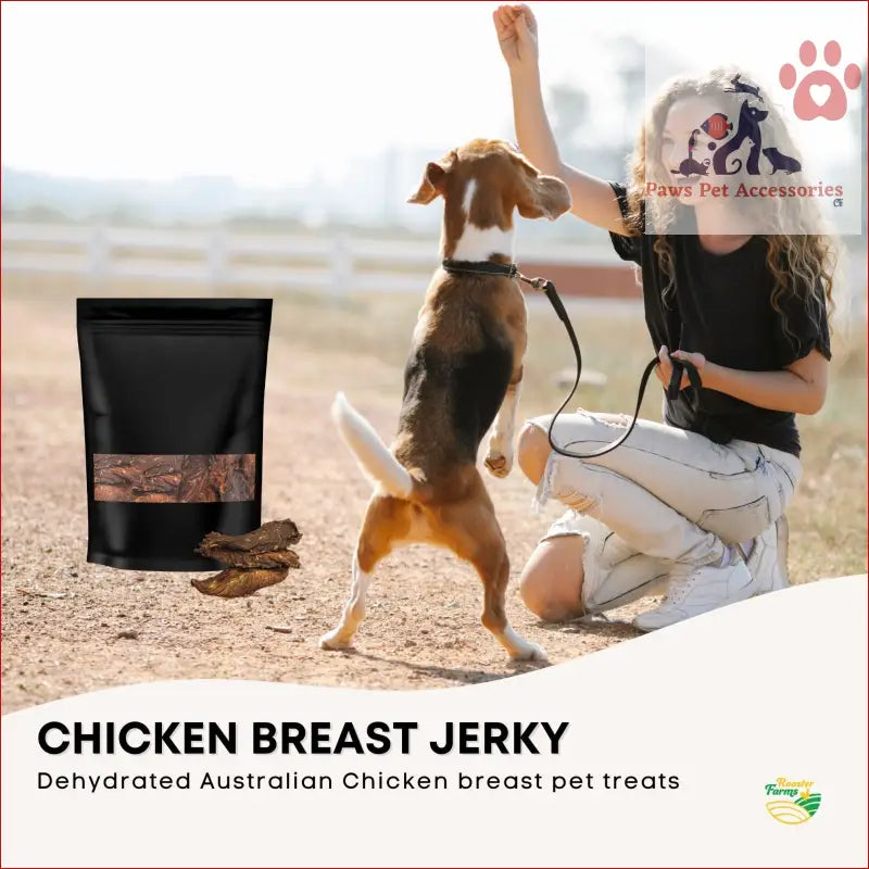 Black pouch of dehydrated Australian chicken breast jerky dog treats for pups