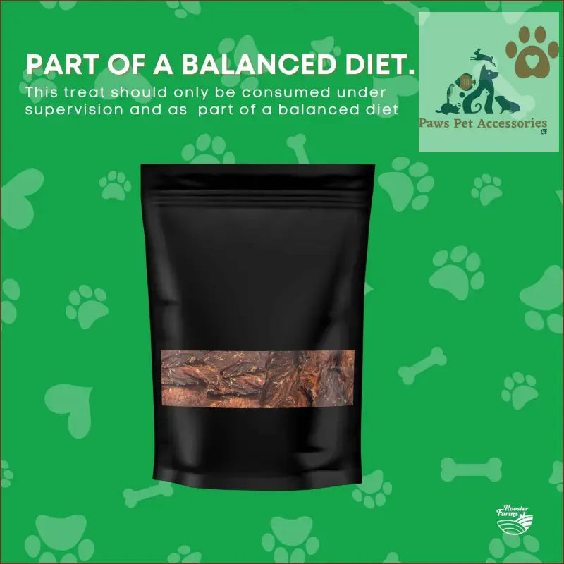 Black resealable pouch showing Dehydrated Australian Healthy Chicken Breast Jerky for dogs