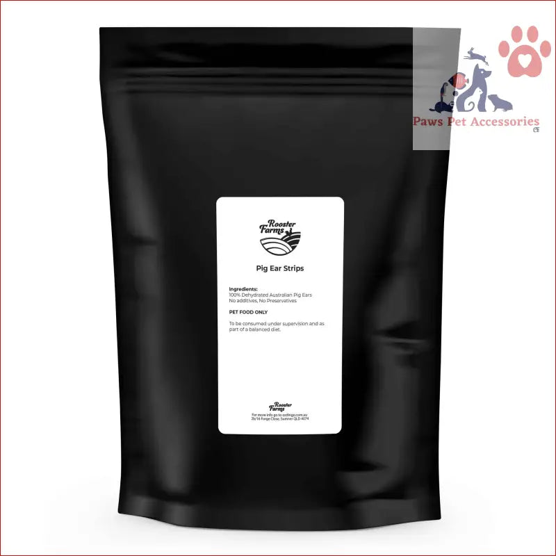 Black pouch with white label for Dehydrated Australian Healthy Dog Treat Pig Ear Strips