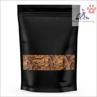 Black resealable pouch with clear window showing Dehydrated Australian Healthy Pig Ear Strips