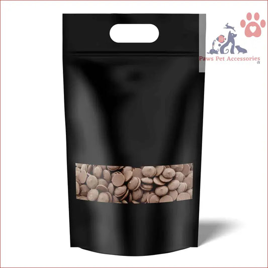 Black resealable pouch with clear window showing Carob Drops for Australian Puppy Button Melts