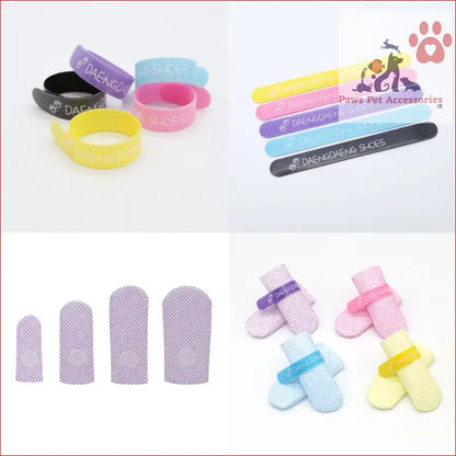 Baby accessories in pastel colors, including waterproof disposable boots and anti-slip dog shoes