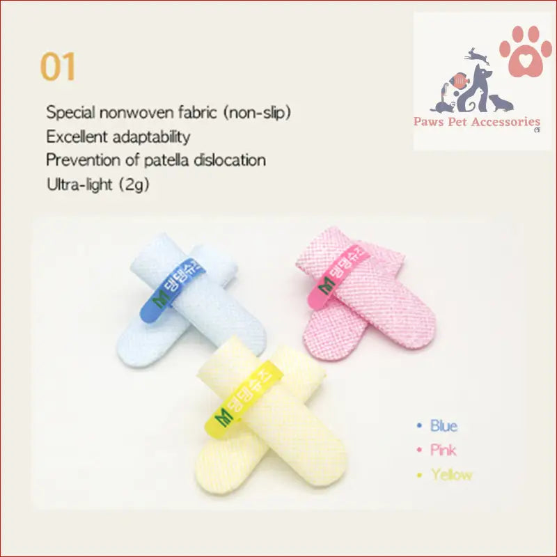 Colorful Medical Knee Supports in Blue, Pink, and Yellow for Dogs with Waterproof Shoes