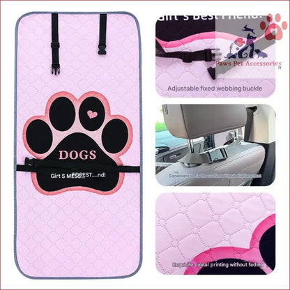 Cute pink dog car seat cover with black paw prints and DOGS text for pet seat protection