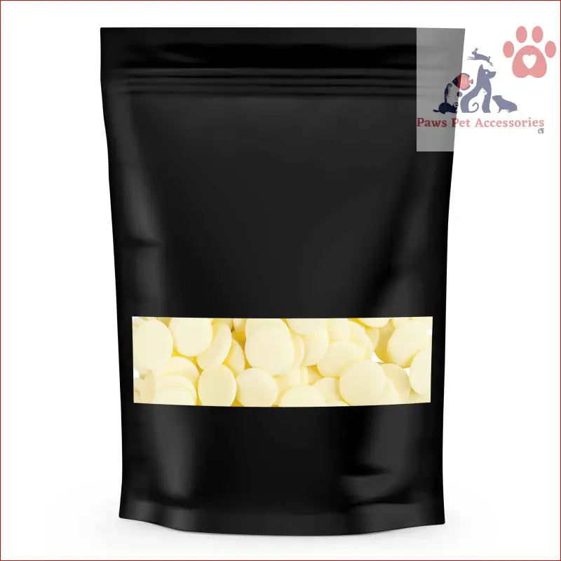 Black resealable pouch with clear window showing Yoghurt Drops for natural flavoured Australian puppy