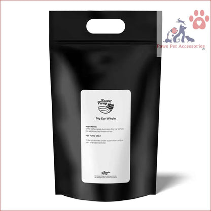 Black coffee bag with white label for 10x Dog Treat Large Pig Ears Whole - Dehydrated Australian Healthy