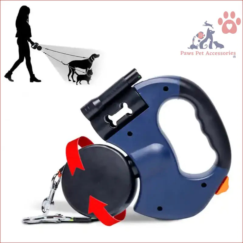 Retractable dog leash with blue and black handle for walking two dogs easily