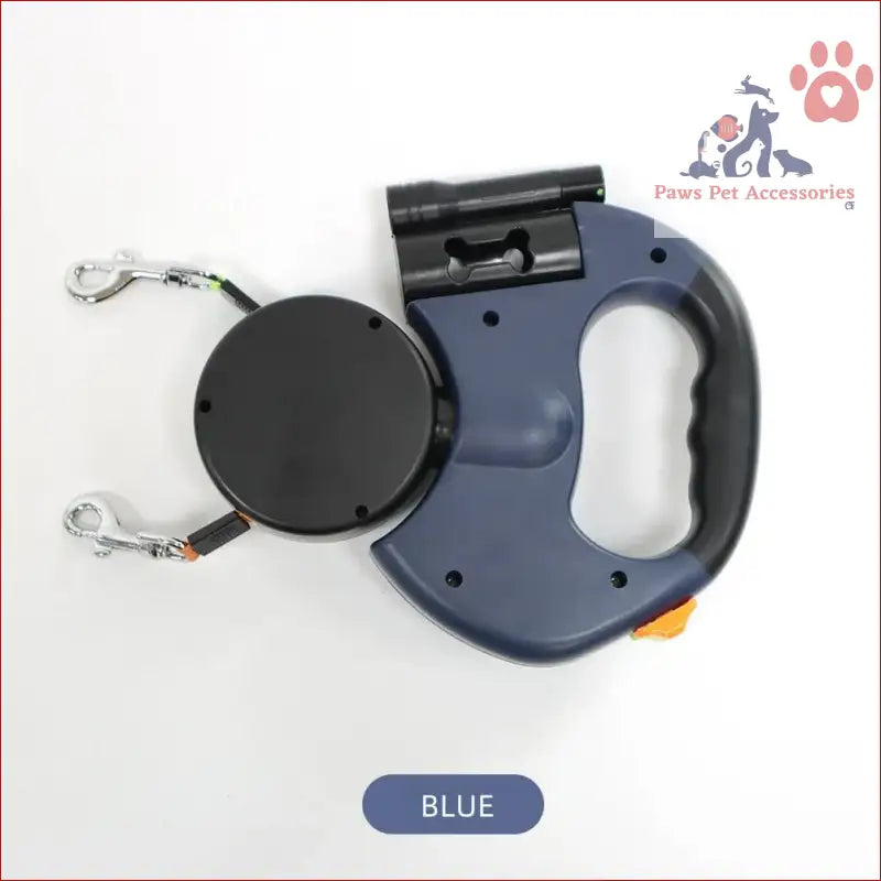 Blue Dual Retractable Dog Leash with clips for walking two dogs at once