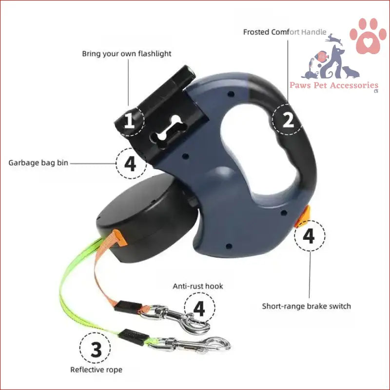 Retractable dog leash with comfy handle, flashlight mount, and brake switch features