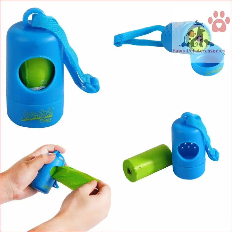 Blue plastic dog waste bag dispenser with waste roll lavender bags inside