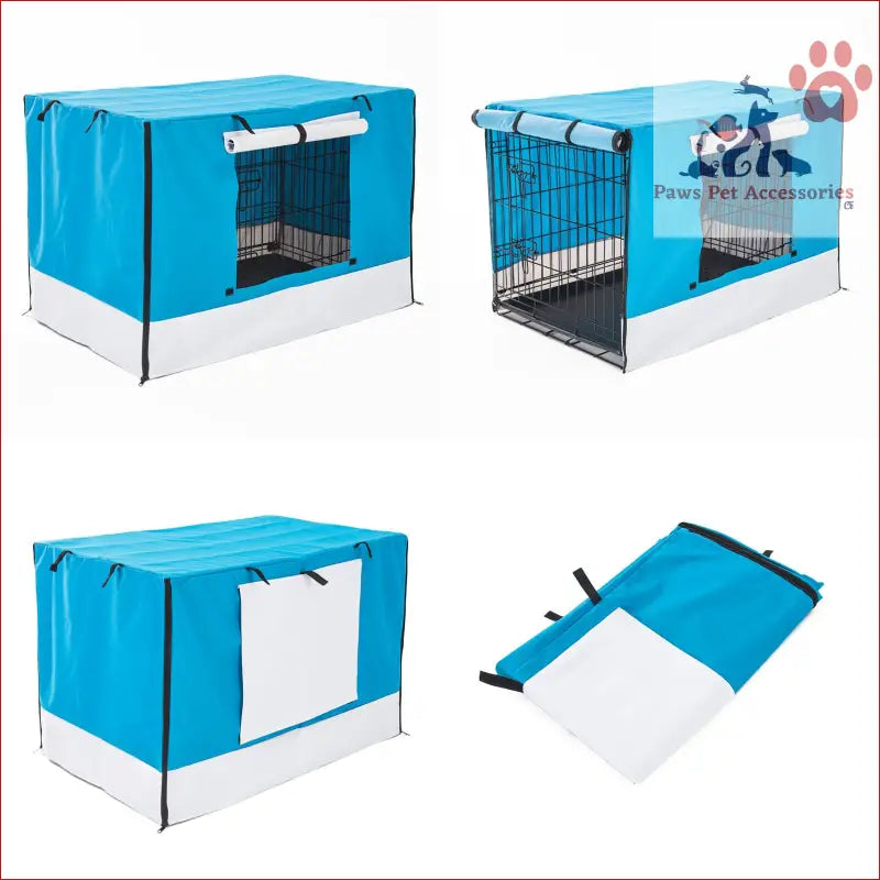 Bright blue and white cage cover enclosure for wire dog cage, showcasing multiple angles