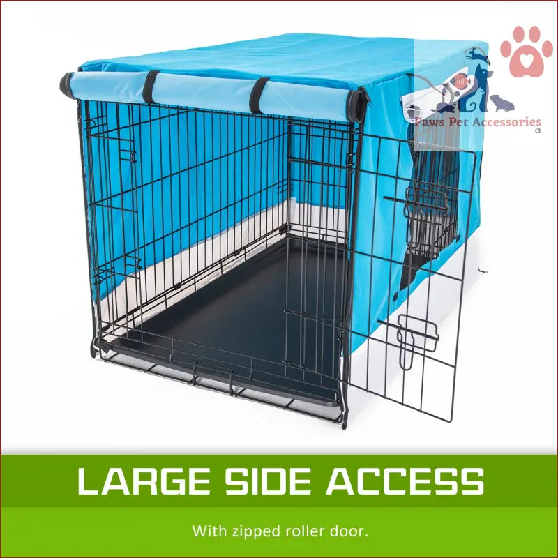 Metal wire dog cage with blue cover and side door for a cozy cage cover enclosure