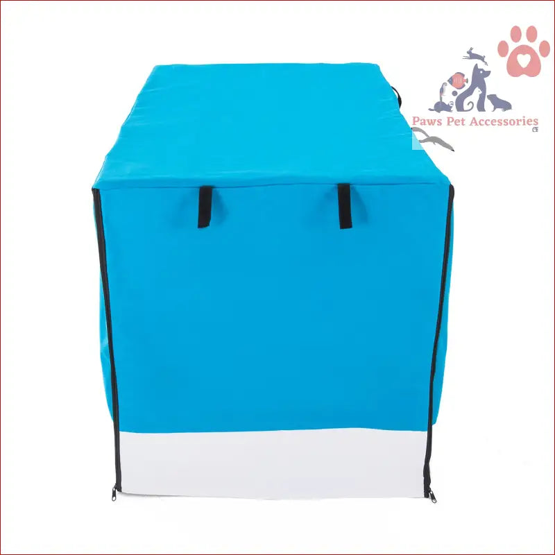 Bright blue and white storage box with straps for a dog cage crate or wire dog cage