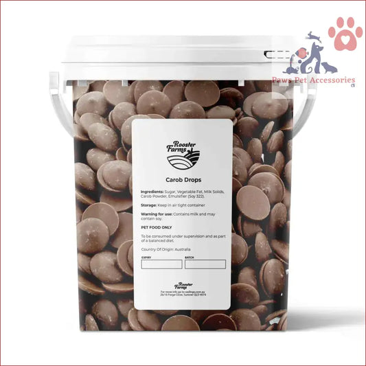 Clear plastic bucket filled with Australian Puppy Button Carob Drops for tasty puppy treats