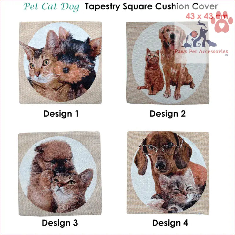 Pet-themed tapestry cushion cover with cats and dogs in circular frames