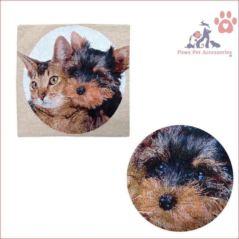 Tapestry pet cat and Yorkshire terrier portraits on a stylish square cushion cover