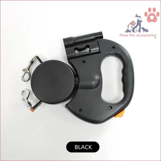 Black retractable dog leash with ergonomic handle for walking two dogs simultaneously