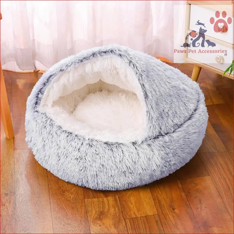 Cozy Burrowing Cave Pet Bed by PawfectFriend in plush gray and white for snug naps