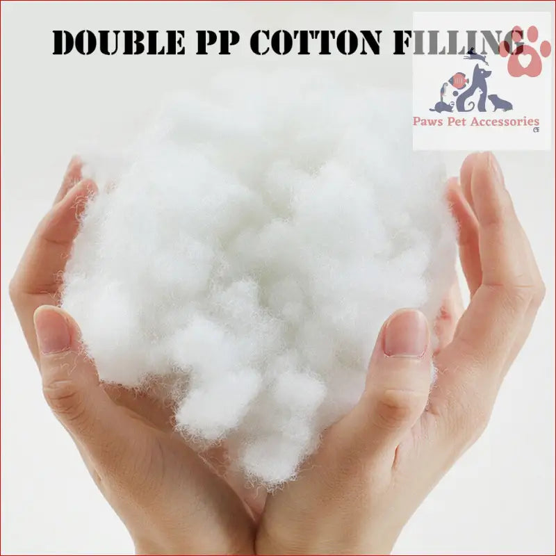 Fluffy cotton filling in hands for the PawfectFriend Cozy Burrowing Cave Pet Bed