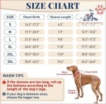 Size chart for dog clothing with measurements for the leg protective sleeve and dog leg guard