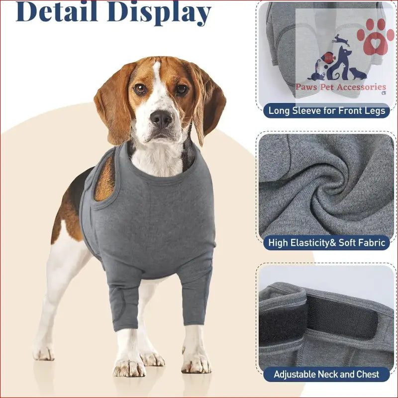 Gray dog leg guard with long sleeves, prevents licking, adjustable for comfy fit