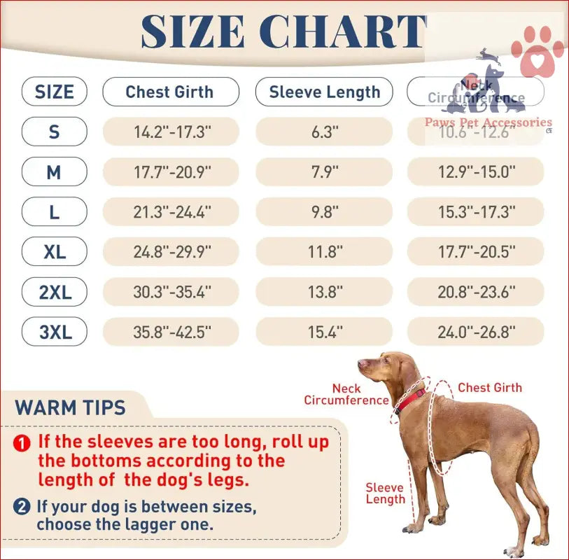 Size chart for dog leg guard with illustration for measuring leg protective sleeve