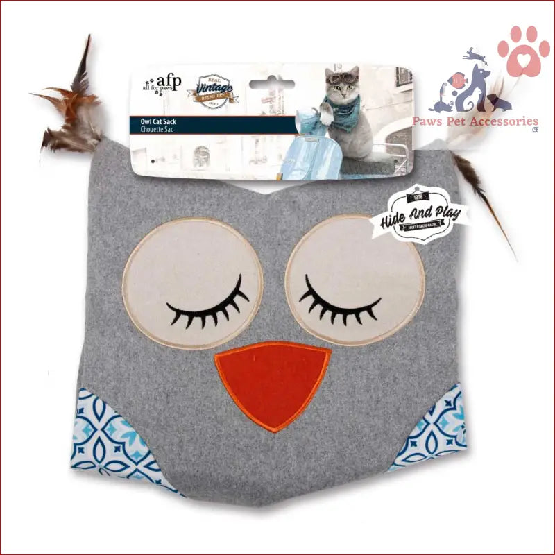 Cozy Grey Owl Cat Sack Crinkle bed with sleepy eyes and orange beak for playful naps