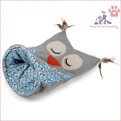 Sleeping owl plushie with blue wings in Cat Sack Crinkle Toys Hide Play Bag Teaser