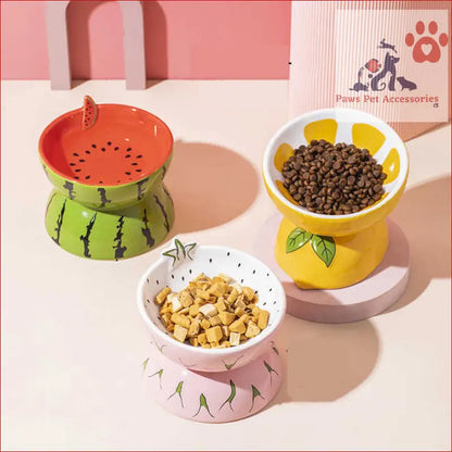 Three cute ceramic elevated pet food bowls with fun watermelon, sunflower, and floral designs