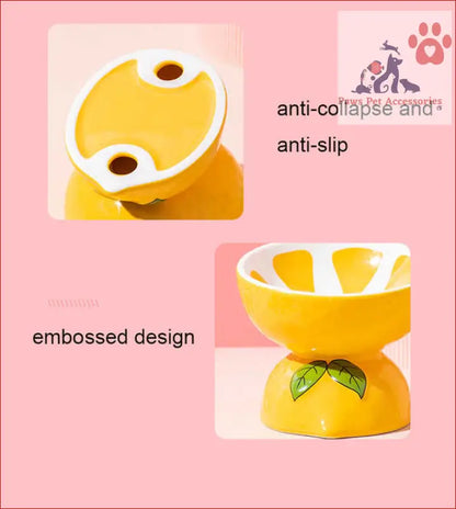 Yellow citrus juicer with embossed design next to Ceramic Elevated Pet Food Bowl