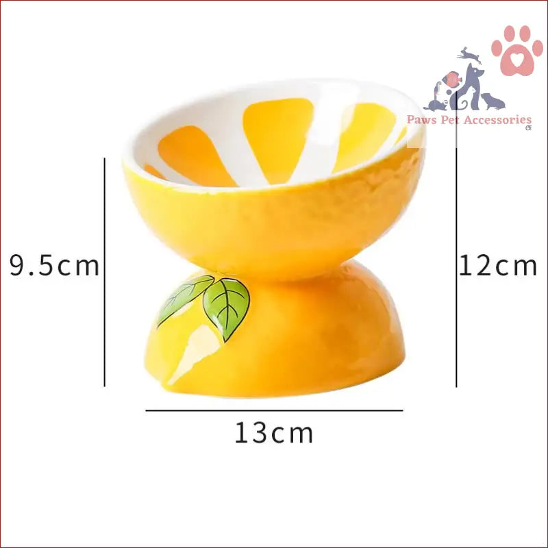 Yellow Ceramic Elevated Pet Food Bowl with Cute Lemon Pattern for Cats and Small Dogs