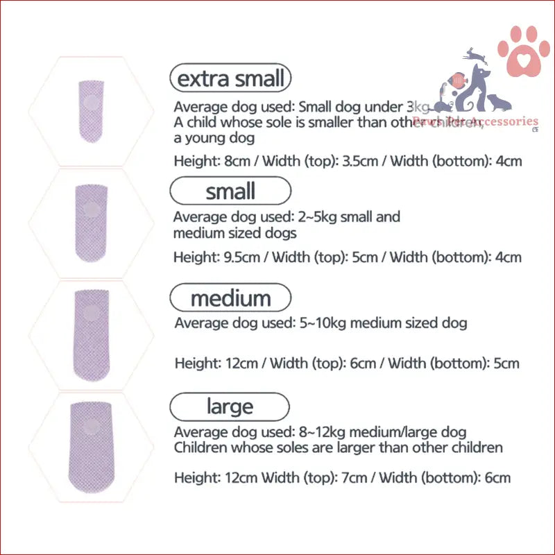 Size chart for 28pc Dog Shoes Waterproof Disposable Boots dimensions and sole measurements