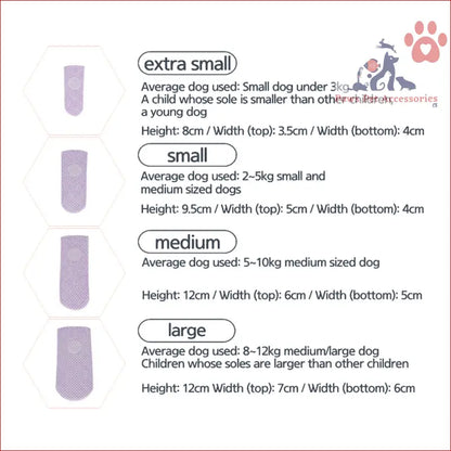 Size chart for 28pc Dog Shoes Waterproof Disposable Boots dimensions and sole measurements