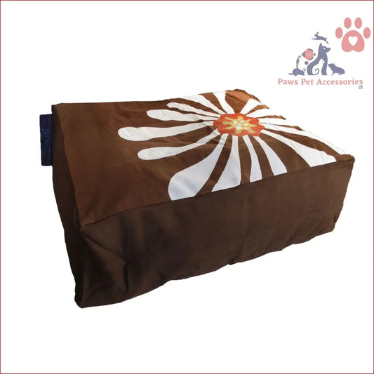 Brown cushion with white daisy design on a Heavy Duty Pure Cotton Pet Dog Bed Cover