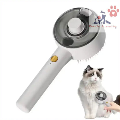 Electric Pet Grooming Brush with Rotating Bristles and White Handle for Easy One-Click Hair Removal