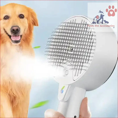 Handheld massage brush with bristles for a smiling Golden Retriever and pet grooming spray