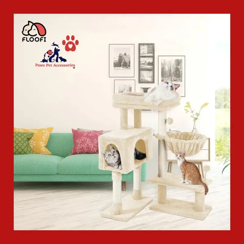 Floofi 97cm Adjustable Base Plush Cat Tree Beige - > & Scratcher 7