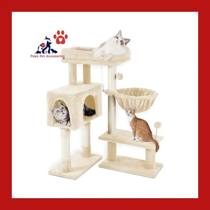 Floofi 97cm Adjustable Base Plush Cat Tree Beige - > & Scratcher 1