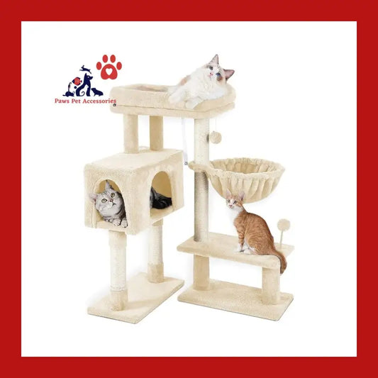 Floofi 97cm Adjustable Base Plush Cat Tree Beige - > & Scratcher 1