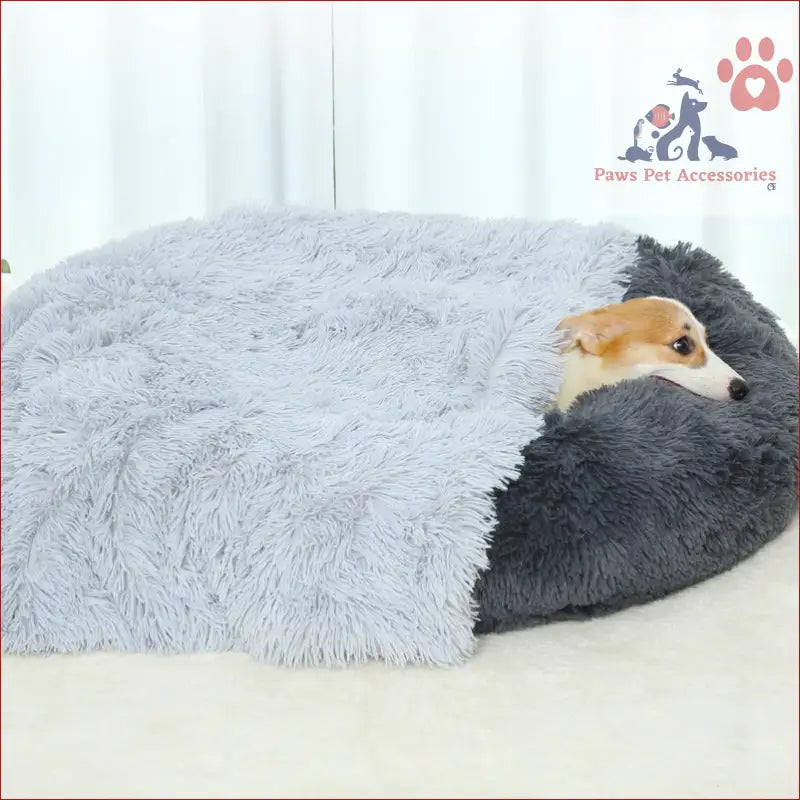 Fluffy gray and black pet bed with a small dog, perfect for soft faux fur comfort