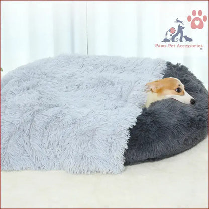 Fluffy gray and black pet bed with a small dog enjoying fluffy pet blankets-soft faux fur