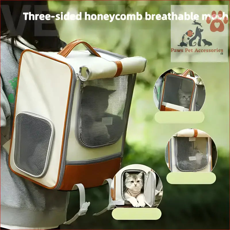 Pet carrier backpack with mesh panels and brown trim, perfect for a large capacity foldable pet trolley for two cats