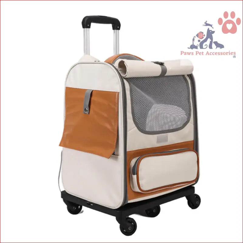 Rolling foldable pet trolley with mesh panels for two cats, featuring brown leather accents