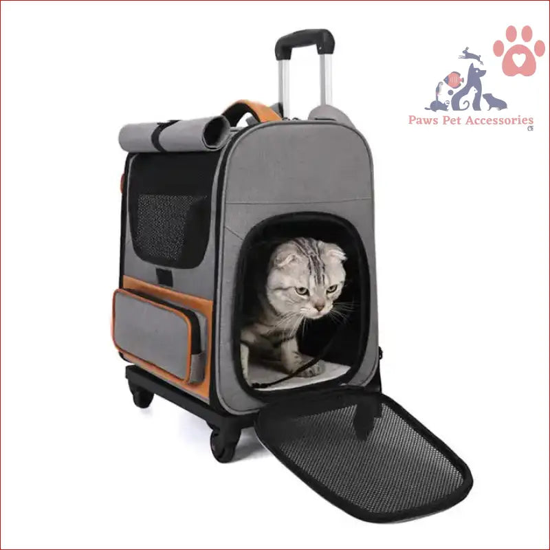 Off-white Large Capacity Breathable Foldable Pet Trolley in gray and orange for two cats