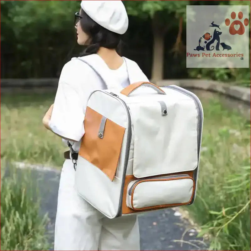 White and tan backpack with pockets for the Grey Large Capacity Breathable Foldable Pet Trolley