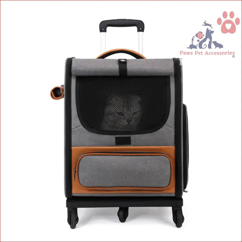 Rolling pet carrier with mesh window and orange accents for two cats, large capacity breathable foldable design