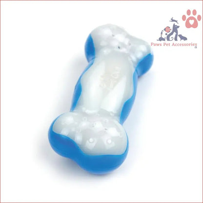 White and blue dog freezable bone toy for cooling gel teething fun